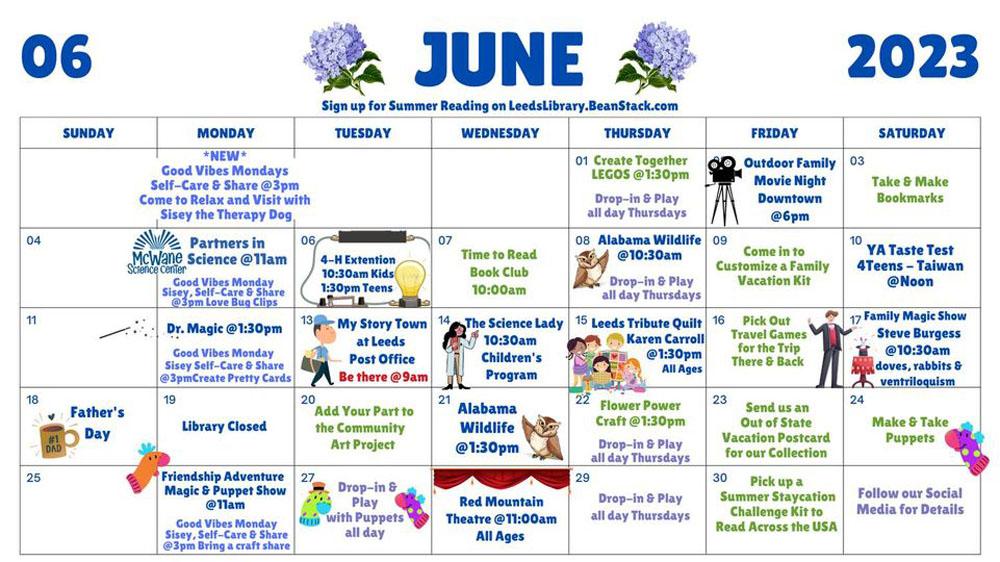 Here it is! The JUNE Summer Reading Program Calendar of Events Drop for the Leeds Jane Culbreth Library! Look what all we have planned. We can't wait! We want you there so the fun can happen! Check our Facebook and Instagram for more details and look on our website: www.LeedsLibrary.com #AllTogetherNow #LeedsLibrary #SummerReadingProgram